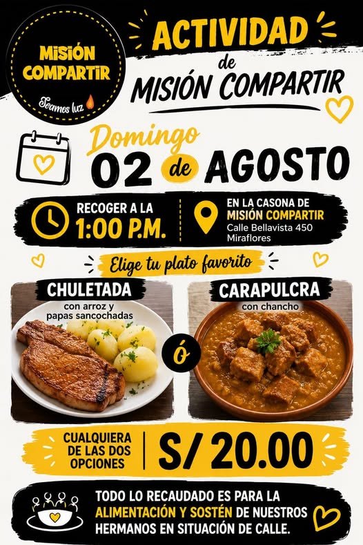 Afiche de una comida a beneficio de Misión Compartir: chuletada o carapulcra con chancho a S/ 20, domingo 2 de agosto